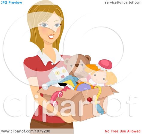 clipart brunette woman carrying a box of toys royalty free vector illustration by bnp design