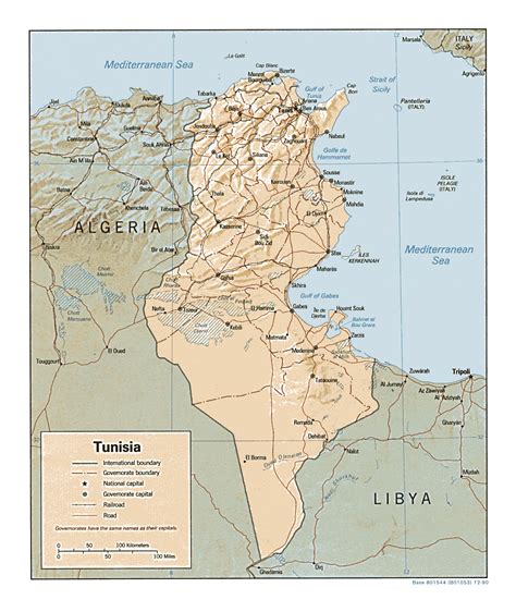 Detailed Political And Administrative Map Of Tunisia With Relief Roads