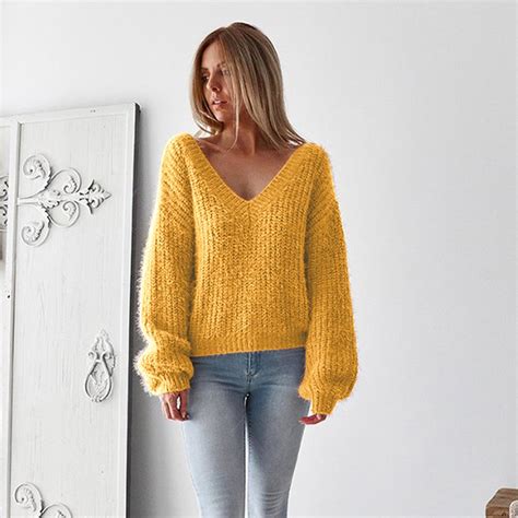 Bkld Autumn Winter New Sexy Deep V Neck Pullover Knit Sweater Loose