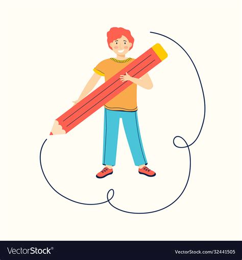 Schoolboy Draws With A Large Red Pencil Funny Vector Image