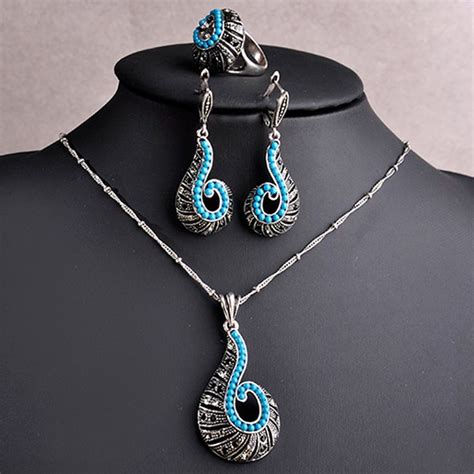 Vintage Turquoise Blue Jewelry Sets Antique Silver Plated Screw Shaped