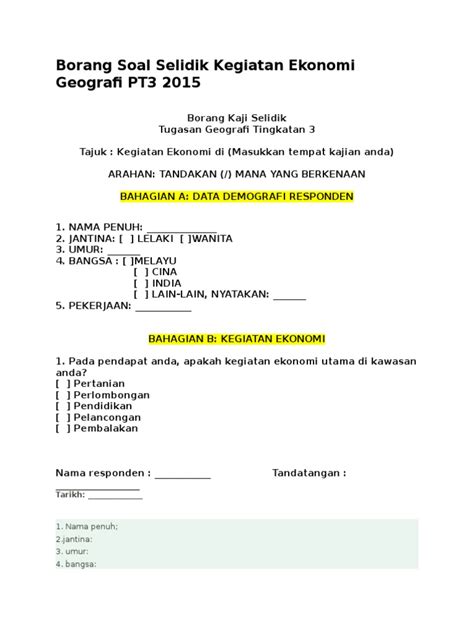 Borang kaji selidik tugasan geografi tingkatan 3 tajuk : Borang Soal Selidik Kegiatan Ekonomi Geografi PT3 2015