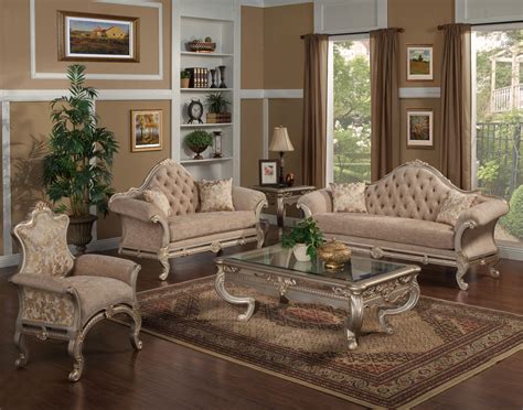 Luxury Chenille Silver Carved Wood Living Room Set 3pcs Hd 90021