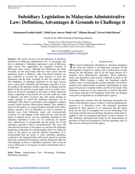 Subsidiary legislation is required in malaysia in order to promote the rule of law and restore order. (PDF) Subsidiary Legislation in Malaysian Administrative ...
