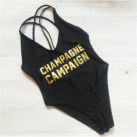 Champagne Campaign Letter Print Summer Swimwear Women One Piece Swimsuit High Cut Bathing Suit