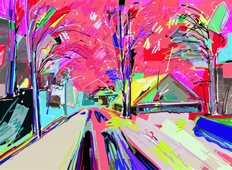 An Abstract Painting Of Trees And Buildings On A Street With Pink Sky