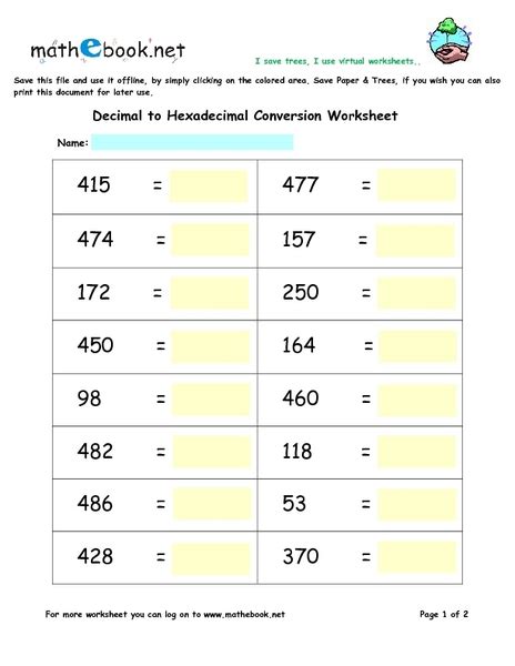 Converting Decimal And Hexadecimal Numbers Worksheet Answers