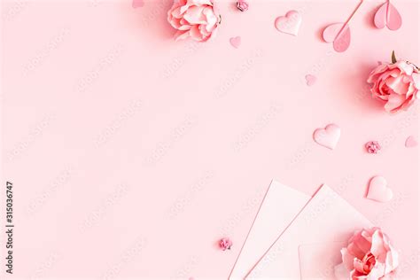 Valentines Day Background Pink Flowers Envelope Hearts On Pastel