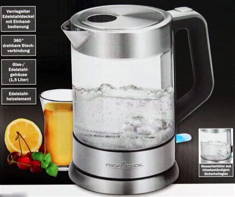 Profi Cook Gastro Glas - Wasserkocher Glas Edelstahl Silber Schwarz 2200W