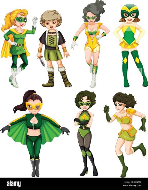 Female Superheroes In Green Costimes Stock Vector Image And Art Alamy