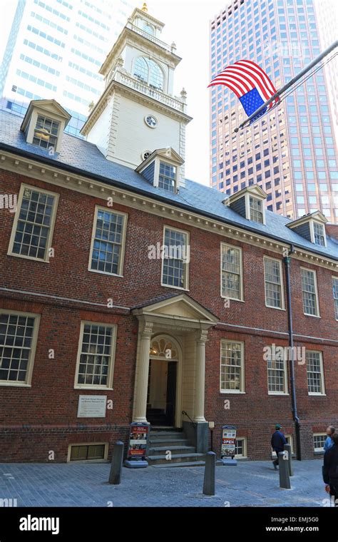 Boston Old State House Landmark On Freedom Trail Downtown With Closeup