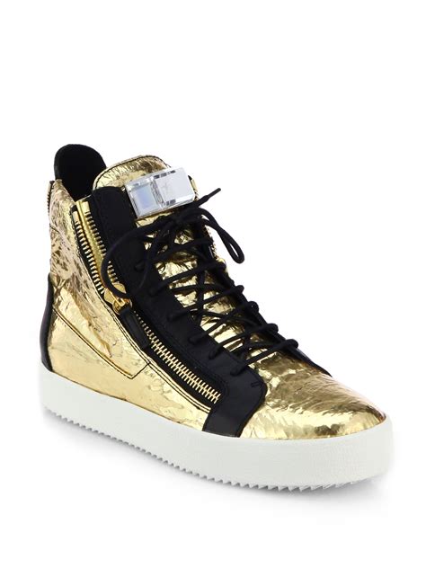 Lyst Giuseppe Zanotti Foiled Leather And Crystal High Top Sneakers In