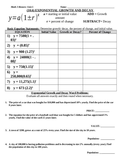 10 6 Exponential Growth And Decay Worksheet Answer Key Doc Template