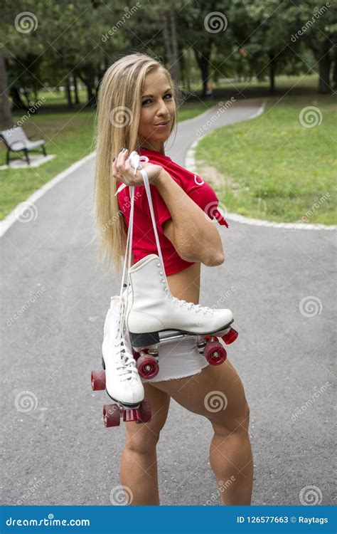 Young Woman With Vintage Roller Skates Stock Image Image Of Outdoors