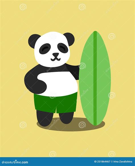 Cute Cartoon Panda With Surfboard Summer Vacation Vector Illustration