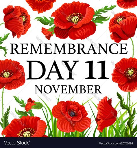 11 November Poppy Remembrance Day Card Royalty Free Vector