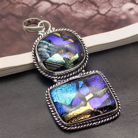 Mystical Antique Dichroic Glass 925 Sterling Silver Charms Pendant Necklace Jewelry 2 7 8 Inch