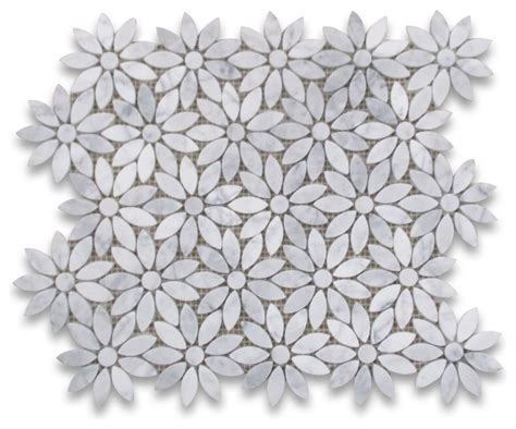 12 X12 Carrara White Daisy Flower Pattern Mosaic Tile Honed