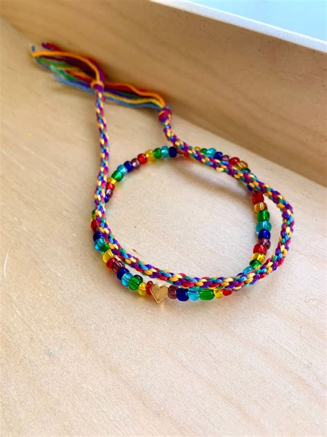 Rainbow Beaded Bracelet With Heart Charm Braided Bracelet Etsy
