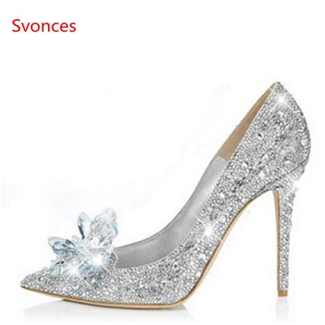 Classical Cinderella Glass Sandals Crystal Wedding Bridal Shoes High Thin Heels Pointed Toe
