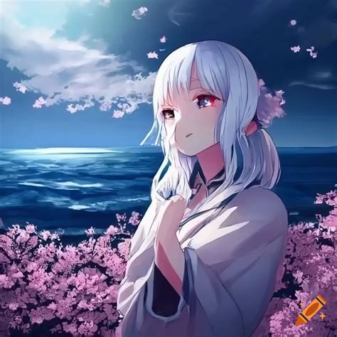 Anime Girl With White Hair Surrounded By Cherry Blossoms On Craiyon