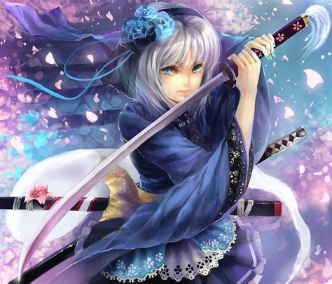 Touhou Katana Samurai Weapons Konpaku Youmu Short Hair White Hair Anime Girls Hair Band Swords