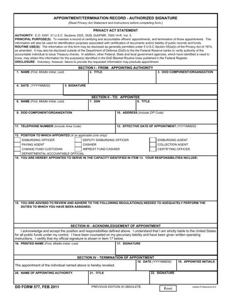 Dd Form 577 Appointmenttermination Record Authorized