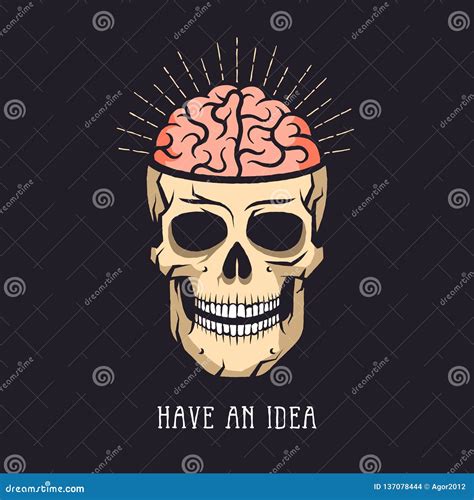 Skull With Brain And Rays On Dark Background Stock Vector