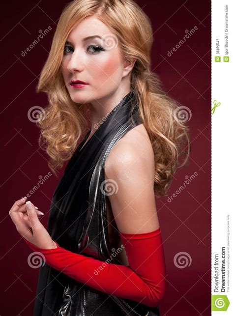 Perfect Blonde In A Black Dress On Red Stock Image Image Of Female