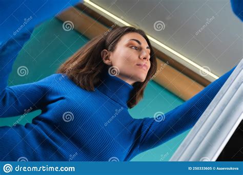 Young Woman Dressed In Blue Turtleneck Golf Stock Image Image Of