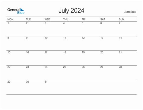 Printable July 2024 Monthly Calendar With Holidays For Jamaica
