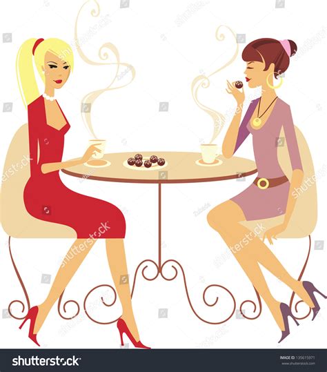 Two Girls Drinking Coffee Cafe Stock Vector 135615971