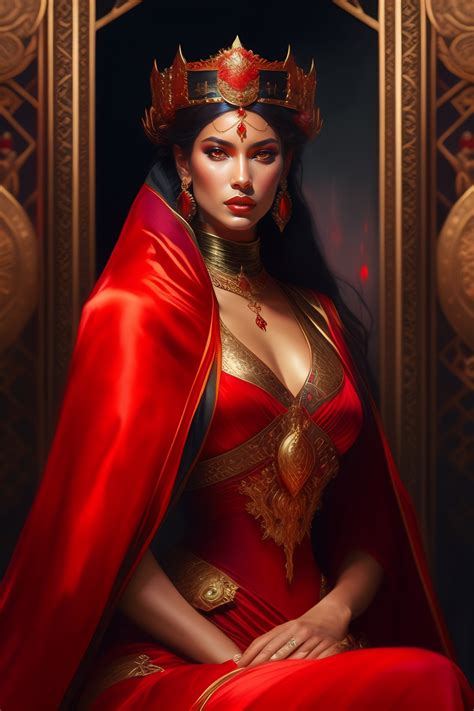 lexica queen in a red robe sitting on a throne with a sword in the right hand and a scale in