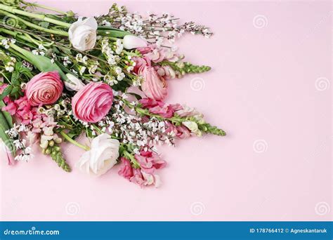 Bouquet Of Spring Flowers On Pink Background Stock Photo Image Of