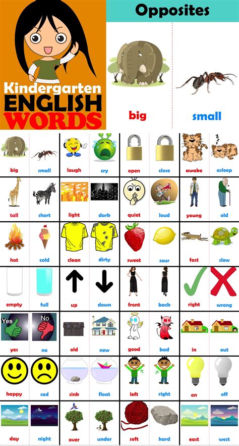 Opposites Word List For Kindergarten And 1st Grade English Opposite