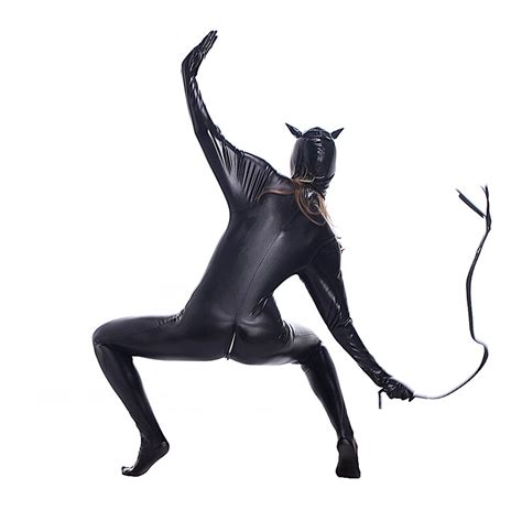 Women Halloween Black Catsuit Sexy Catwoman Costume Gatubela Cosplay Zentai Fetish Latex Mask
