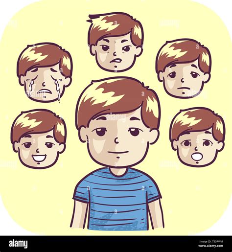 Illustration Of A Kid Boy With Faces Showing Different Emotions From
