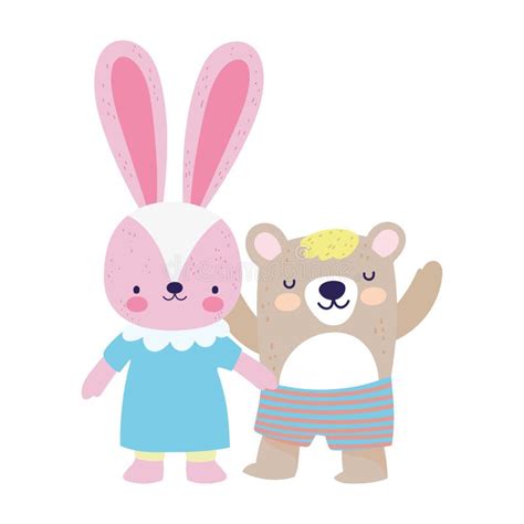 Baby Shower Cute Little Female Rabbit And Bear With Pants Cartoon Stock