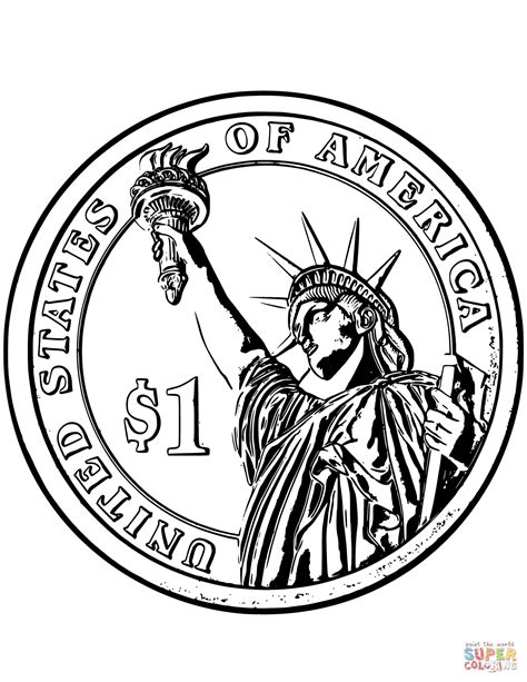 Download One Dollar Coin with Statue of Liberty coloring page | Free Printable Coloring Pages
