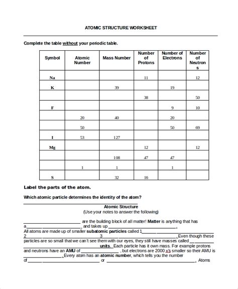 The atomic number tells the number of positively charged _ in the nucleus of savesave isotopes worksheet answer key for later. FREE 7+ Sample Atomic Structure Worksheet Templates in MS Word | PDF
