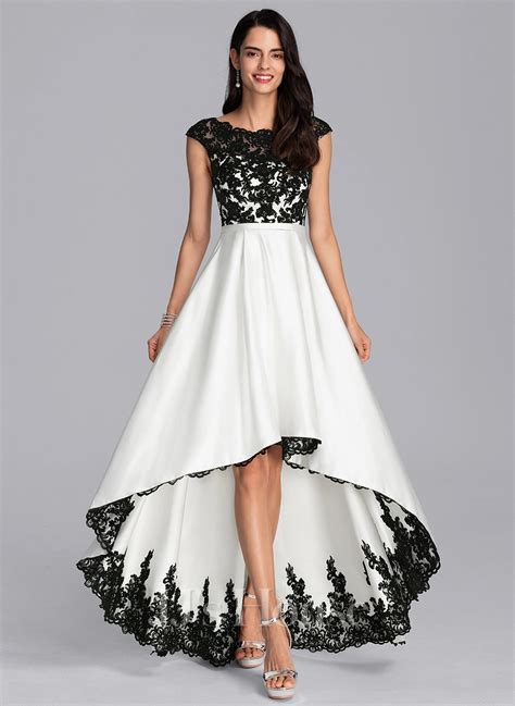 A Line Scoop Illusion Asymmetrical Lace Satin Prom Dresses 018221177 Jjs House