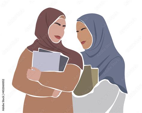 Muslim Women In Closed Clothes And Hijab In A Headscarf With Books And Notebooks In Their