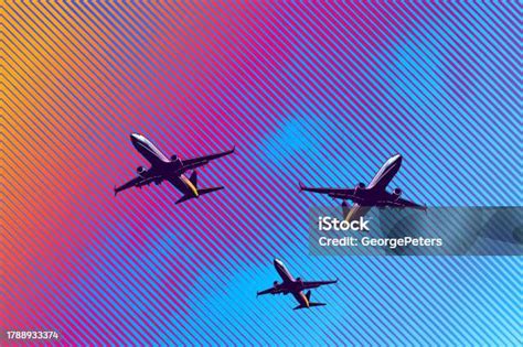 Airliners Taking Off Into Sunrise Stock Illustration Download Image