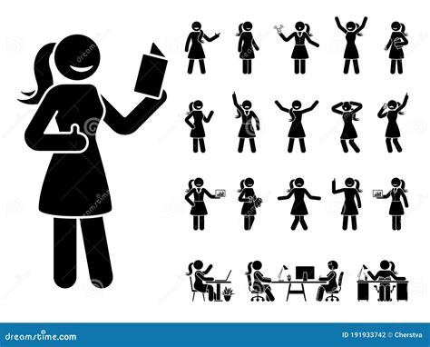 Stick Figure Woman Vector Icon Set Reading Talking Happy Sad