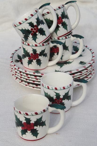 Vintage Lefton Christmas Holly White China Plates And Cups Hand Painted