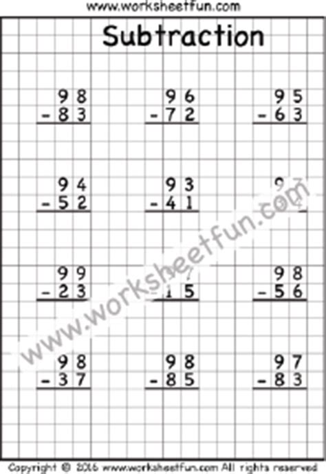 Refill grade 2 and grade 3 kids' cup of practice in borrowing from tens place with columnar and horizontal subtraction through this set of pdf subtraction within 100 worksheets. 2 digit by 2 digit multiplication worksheets on grid paper