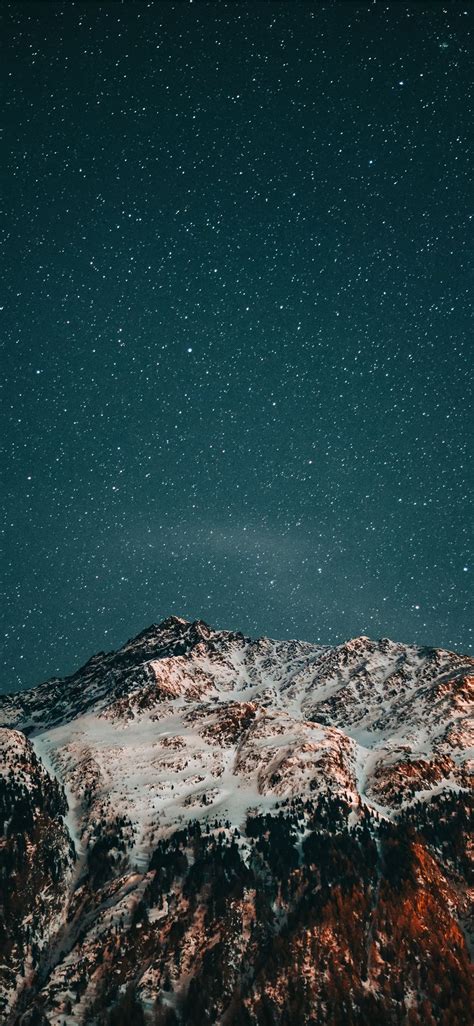 Snow Covered Mountain Under Starry Night Nature Grey Outerspace