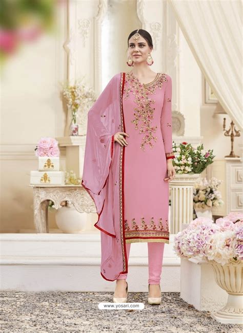 Buy Light Pink Georgette Embroidered Designer Churidar Suit Churidar Salwar Suits