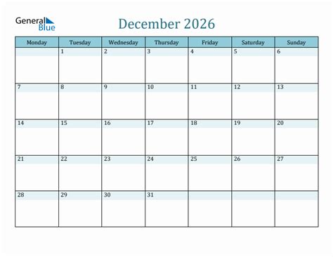 December 2026 Monthly Calendar Template Monday Start