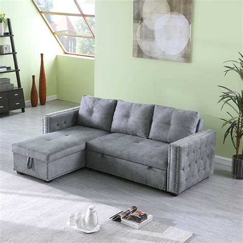 Kepooman Modern L Shaped Sectional Storage Sofa Bed Nailheaded For